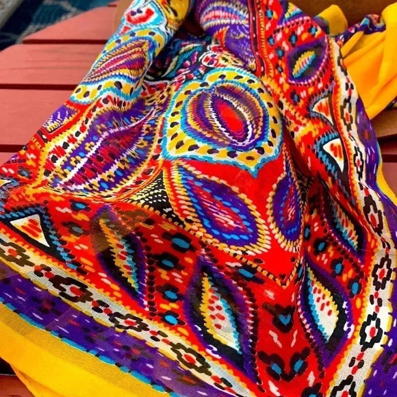 Source Unknown hand rolled bright yellow  scarf w colourful border 100” by 54”. - Picture 2 of 6